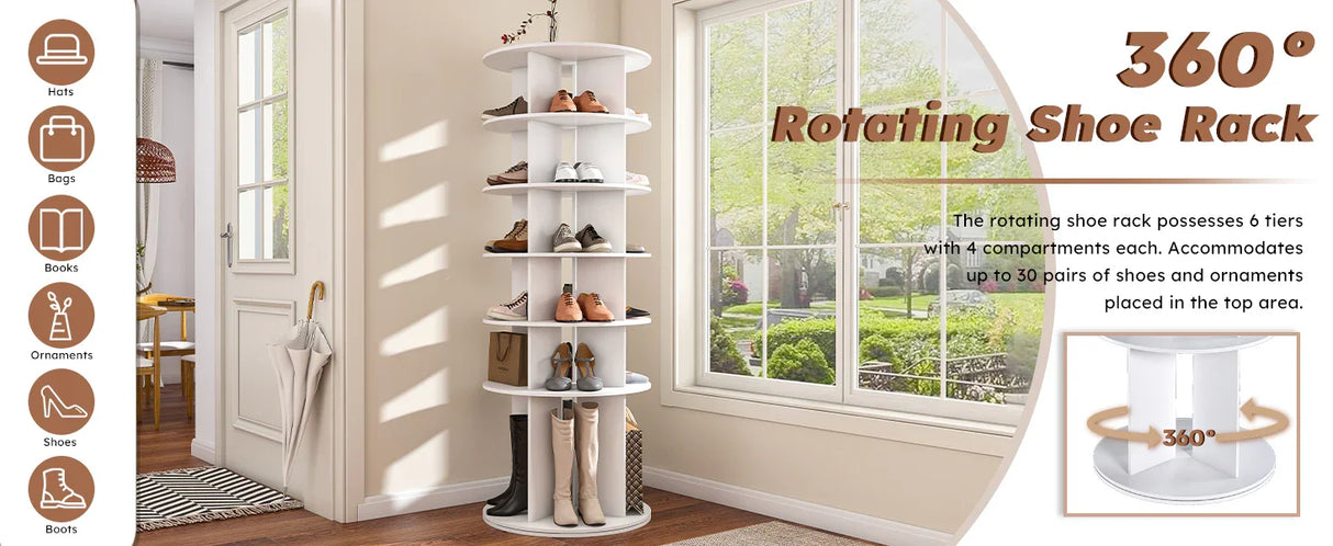 Free Standing 360° Revolving Shoe Organizer for 24 Pairs of Shoes (6-Tier White) - Furniture Home Direct