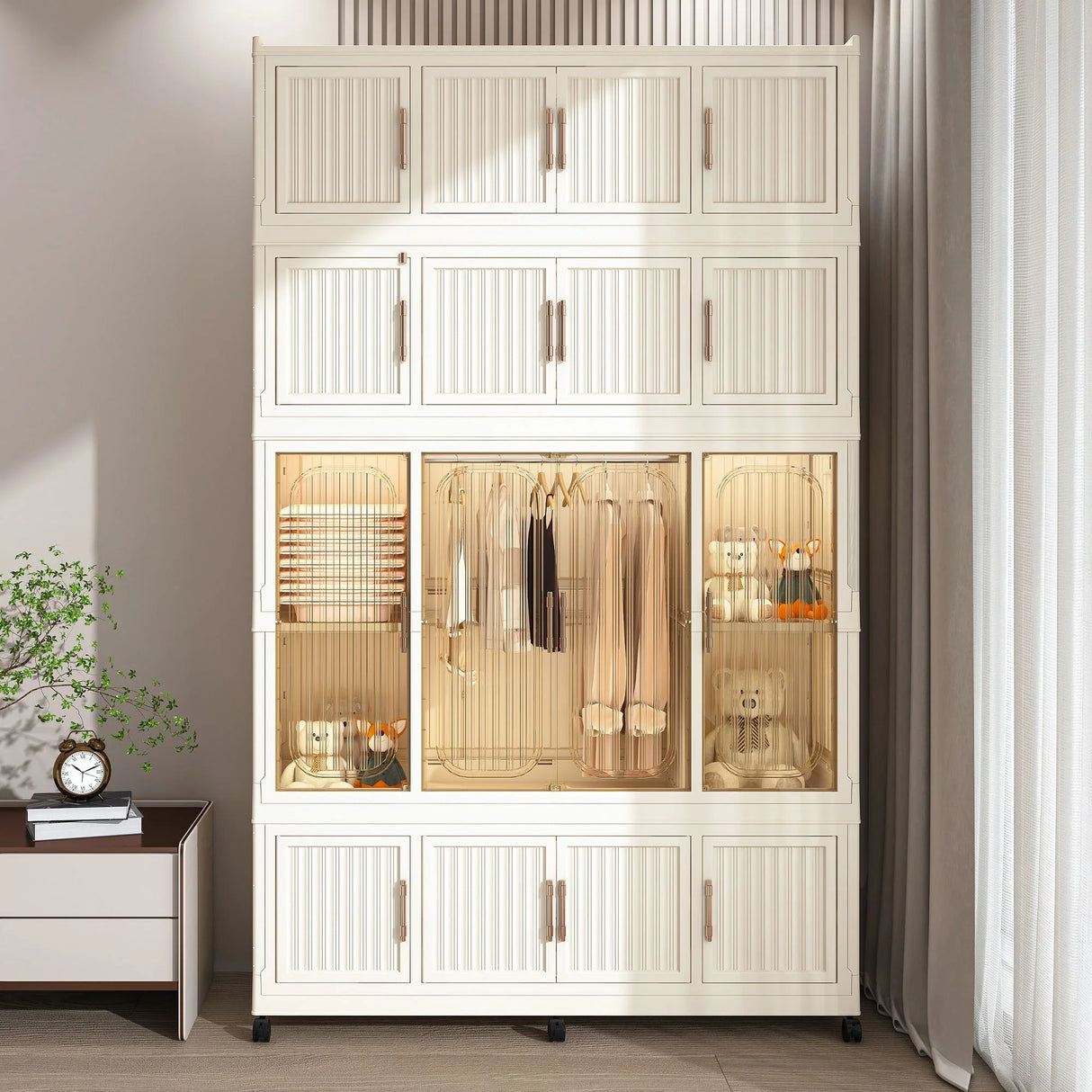 Portable Wardrobe Closet Storage Organizer With Magnetic Doors, Polypropylene - Cream White - Furniture Home Direct