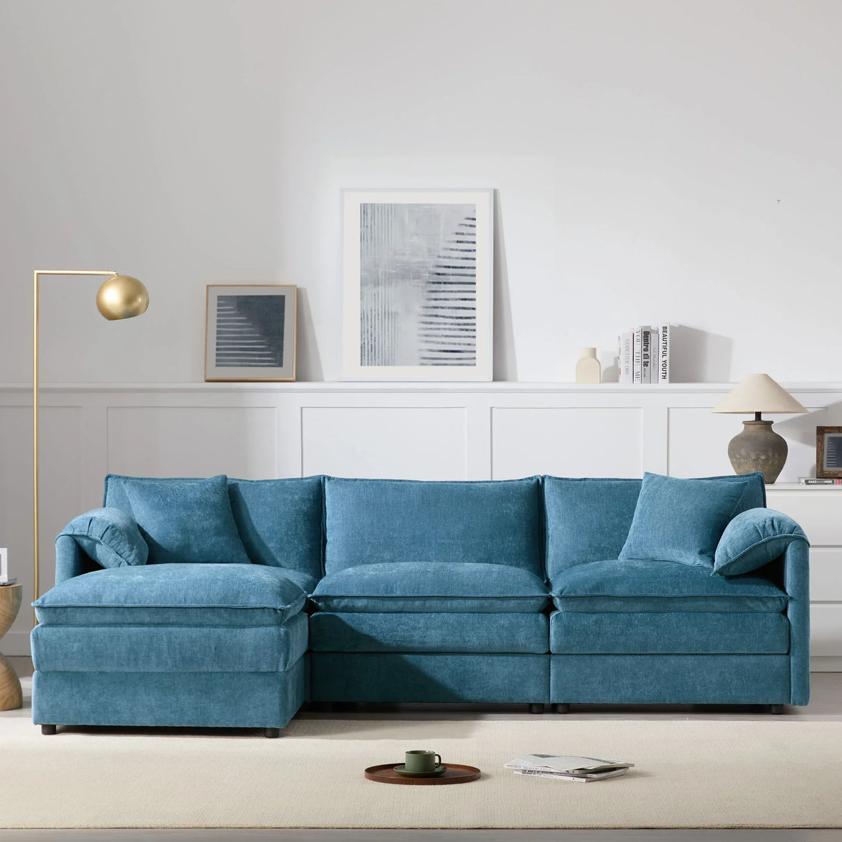 Modular Sectional With Deep And Wide Seat, Cloud Couch Set With Double Cushions Sofa With Movable Ottoman - Furniture Home Direct