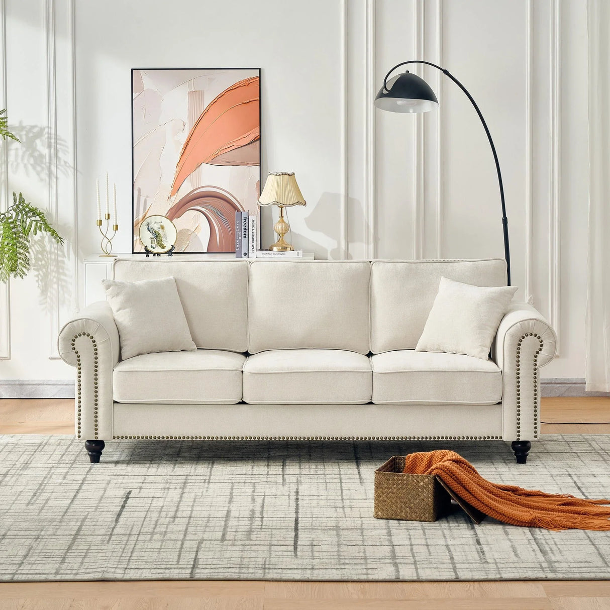 3 Seater Sofa With Tufted Upholstery, Rolled Arms, Nailhead Trim - Furniture Home Direct