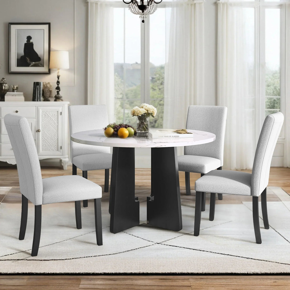 5 Piece Round Dining Table Set, Modern Dining Table And 4 Upholstered Chairs For Dining Room - Furniture Home Direct