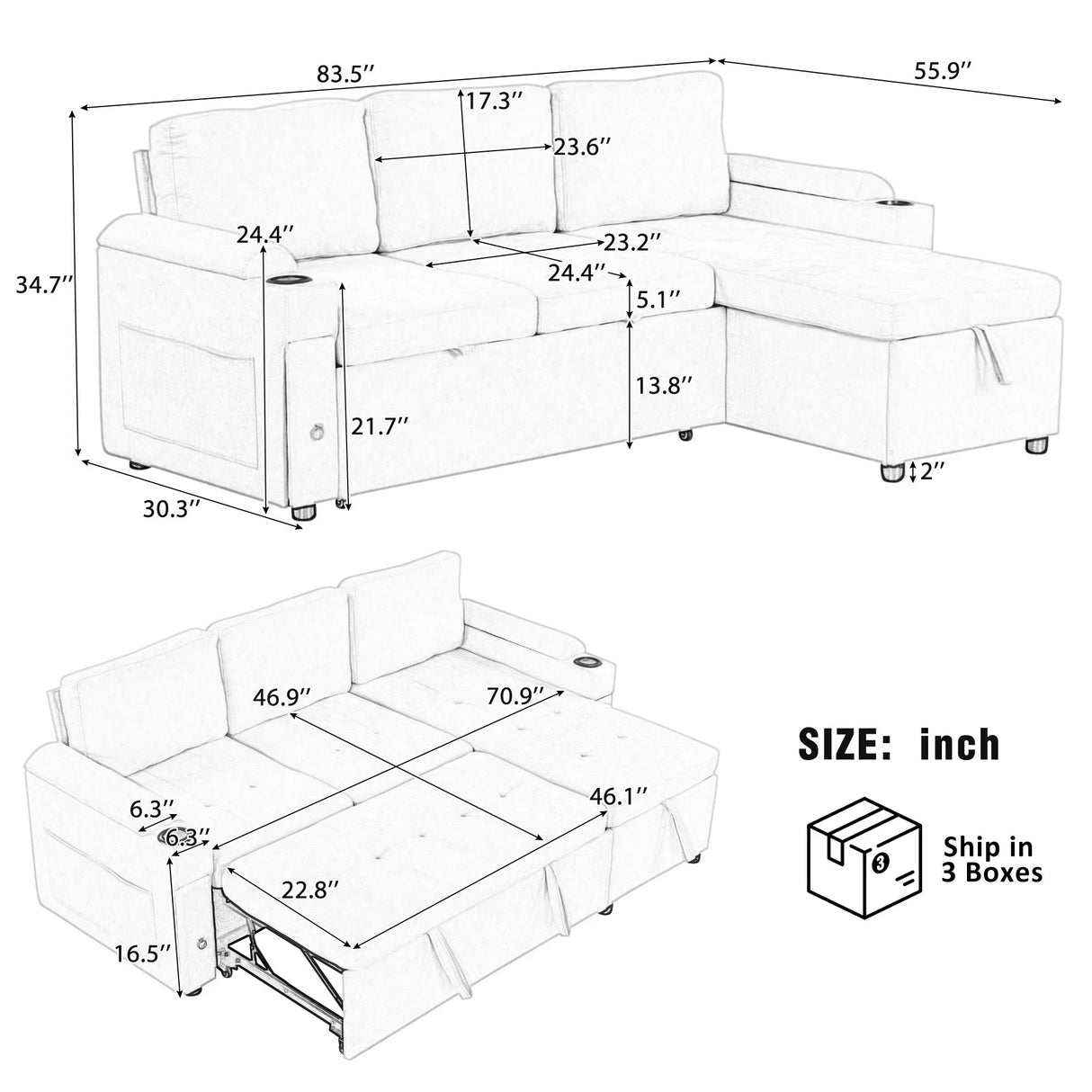 Convertible L Shaped Sofa Couch With Storage, Cup Holders, USB Ports - Furniture Home Direct