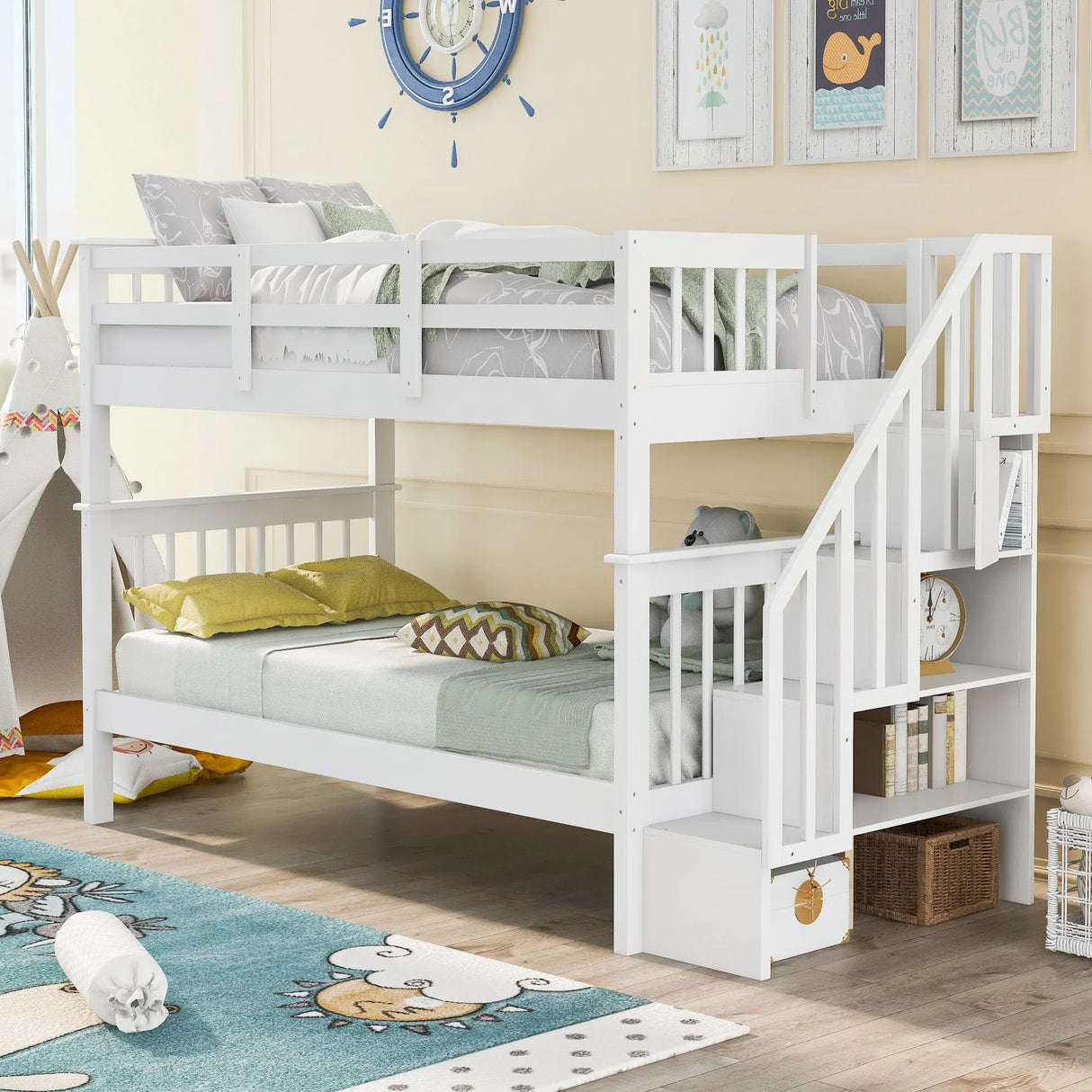 Stairway Bunk Bed With Storage And Guard Rail For Bedroom - Furniture Home Direct