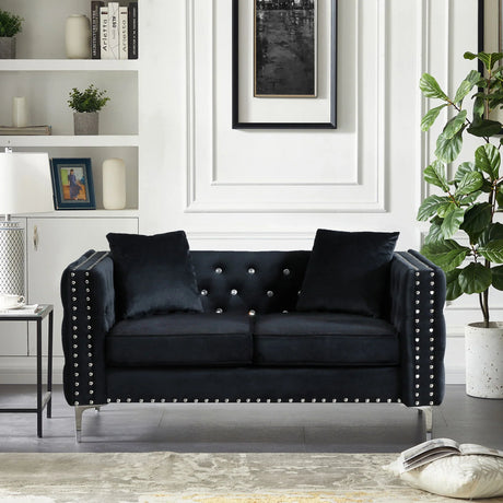 Wide Sofa With Jeweled Buttons Square Arm, 2 Pillows - Furniture Home Direct