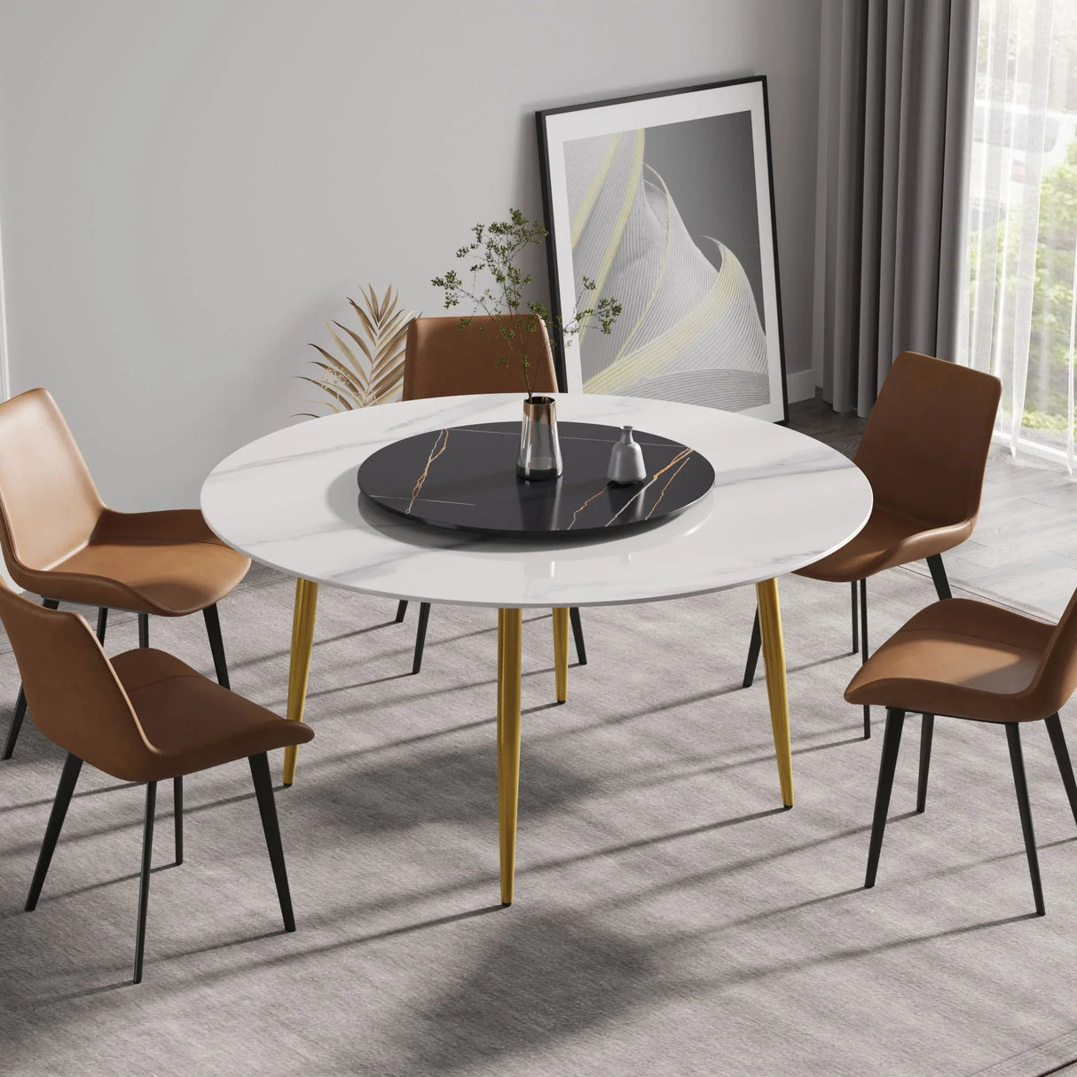 Modern Artificial Stone Round Dining Table, Can Accommodate 6 People Artificial Stone Turntable - Furniture Home Direct