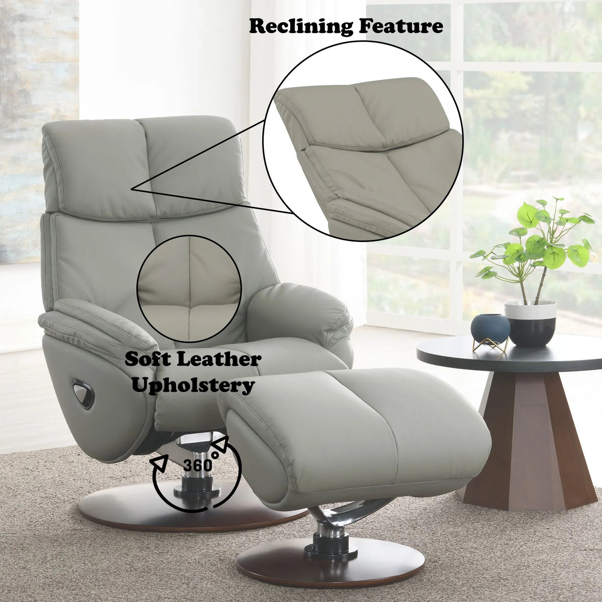 Kandoro - Top Grain Leather Accent Chair With Swivel & Ottoman - Gray - Furniture Home Direct