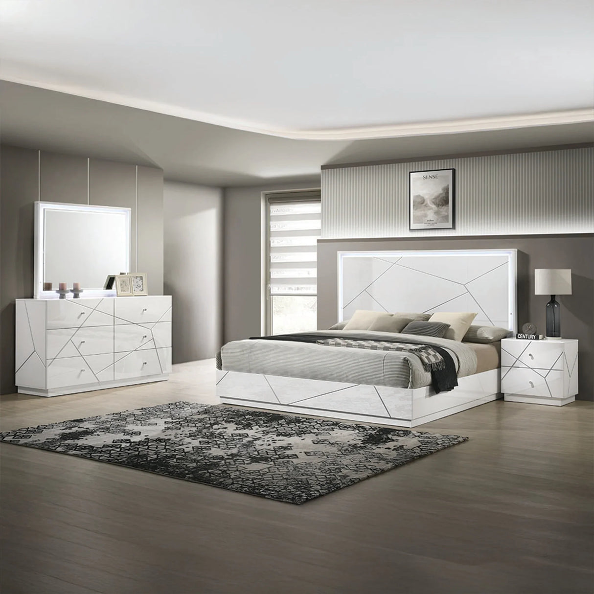 Bedroom Set Queen Bed Dresser Mirror Nightstand White - Furniture Home Direct
