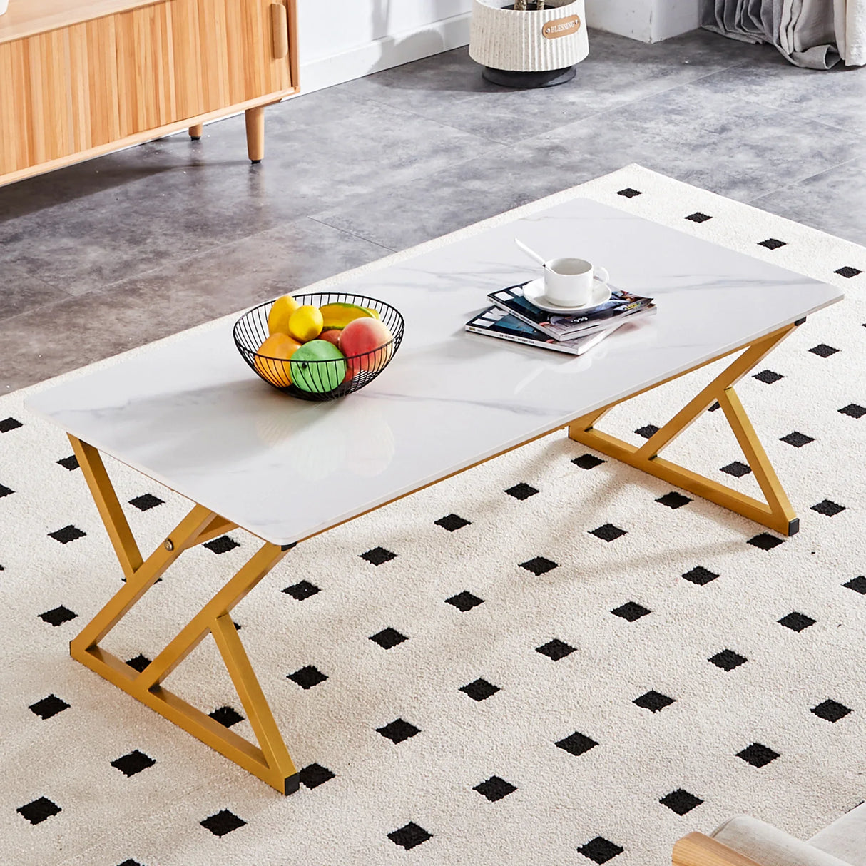 Coffee Table Marble Top Contemporary With Gold Frame White - Furniture Home Direct