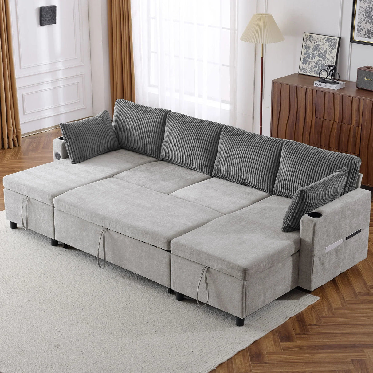 Sectional Sofa Pull Out Sofa Bed Versatile Sofa Sleeper With Large Storage Space, Two USB Ports And Two Cup Holders For Living Room - Furniture Home Direct