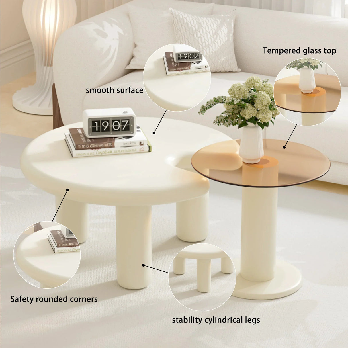 Nesting Coffee Tables Modern Round MDF Glass Beige Amber - Furniture Home Direct