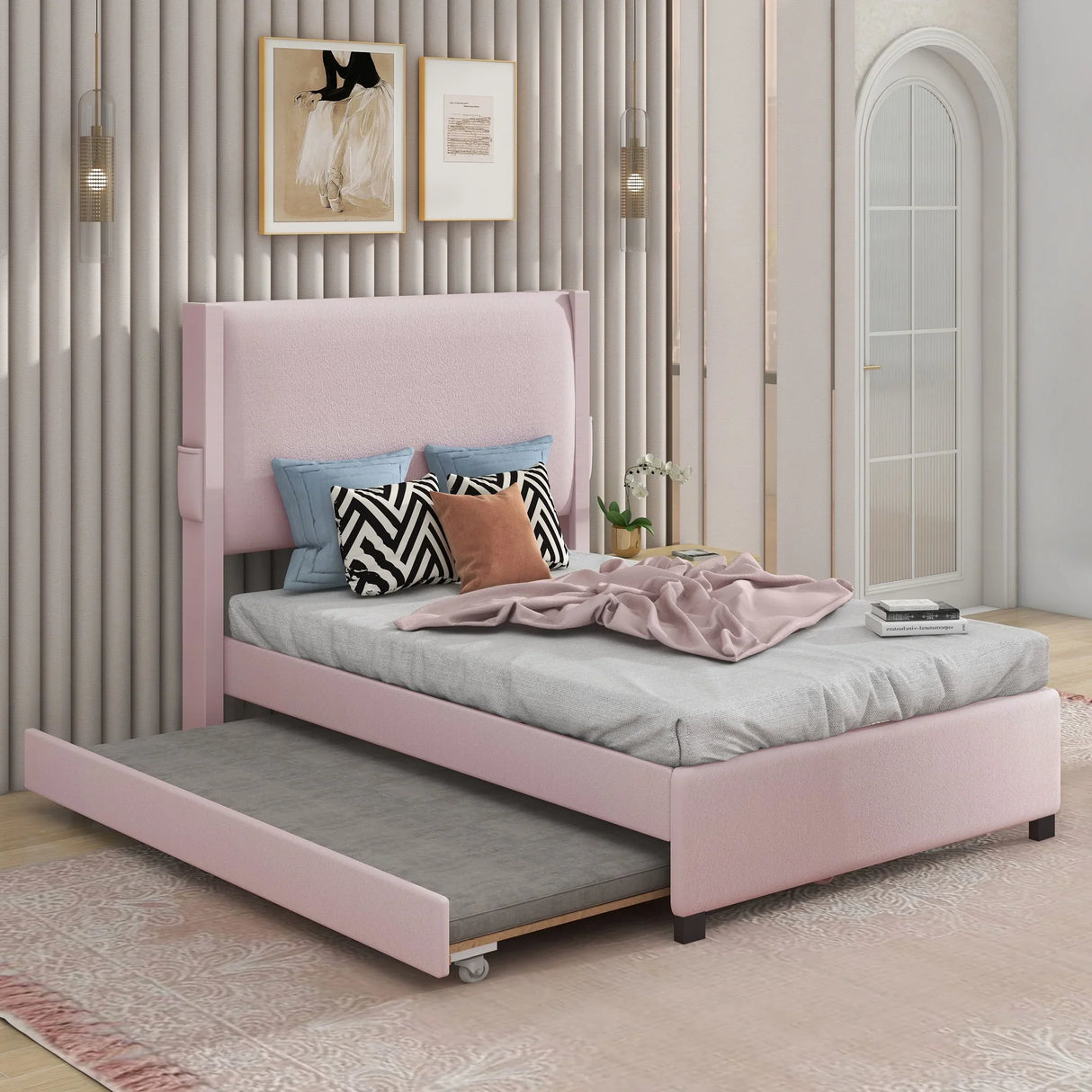 Twin Size Upholstered Bed Frame With Trundle Bed, Teddy Fabric, USB Functionality, And A Pocket Design On The Side Of The Headboard For Storing Small Items - Baby Pink - Furniture Home Direct