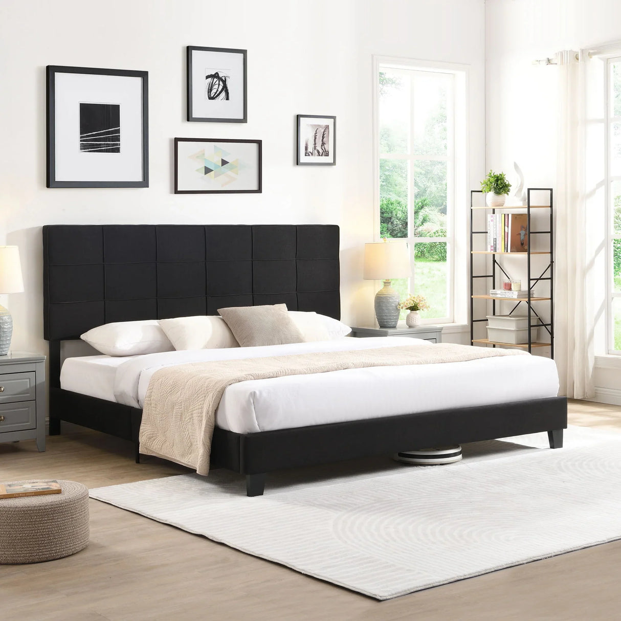 King Size Upholstered Platform Bed Frame With Linen Fabric Headboard, Wood Slat Support - Black - Furniture Home Direct
