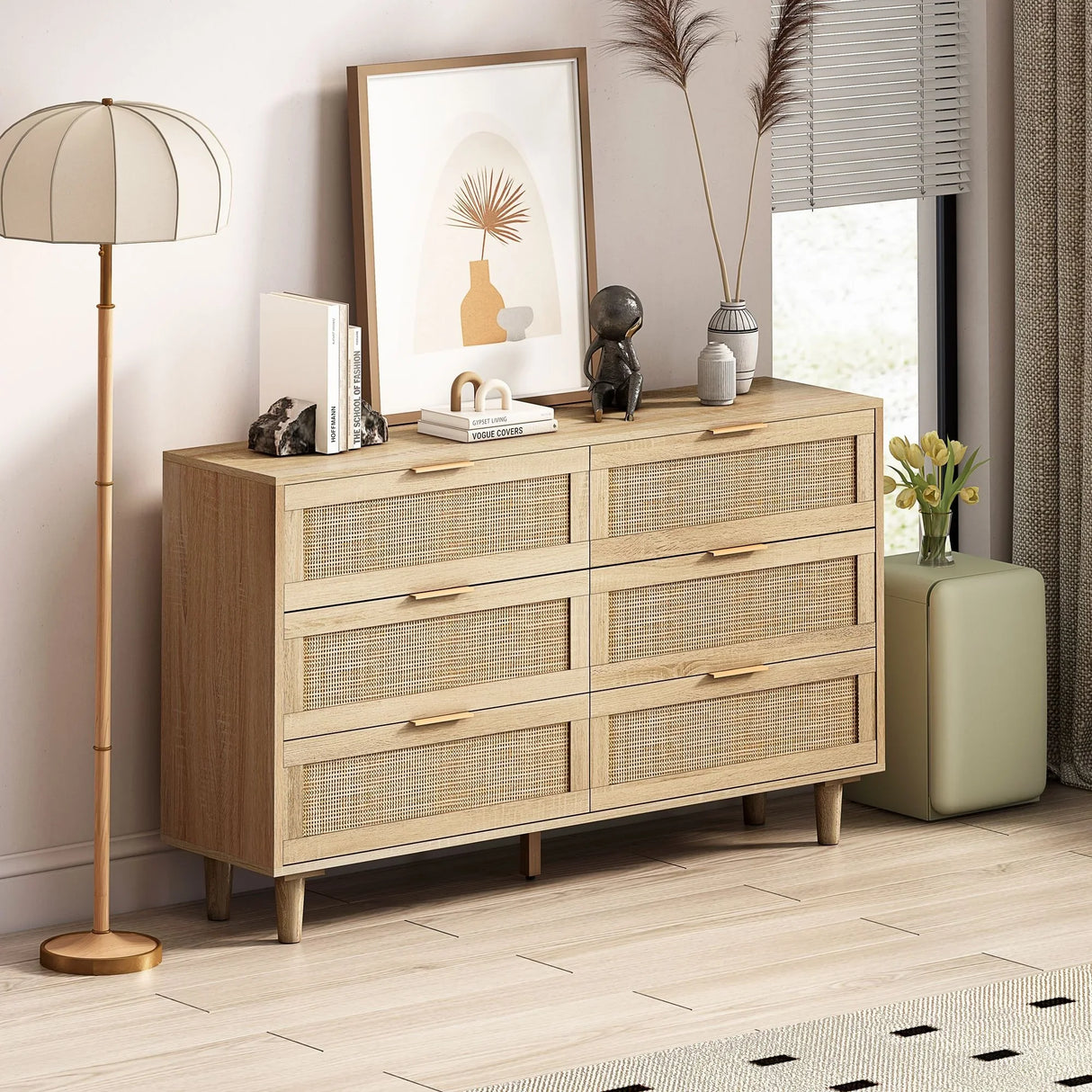 Rattan Storage Cabinet With 6 Drawers For Bedroom And Living Room - Natural - Furniture Home Direct