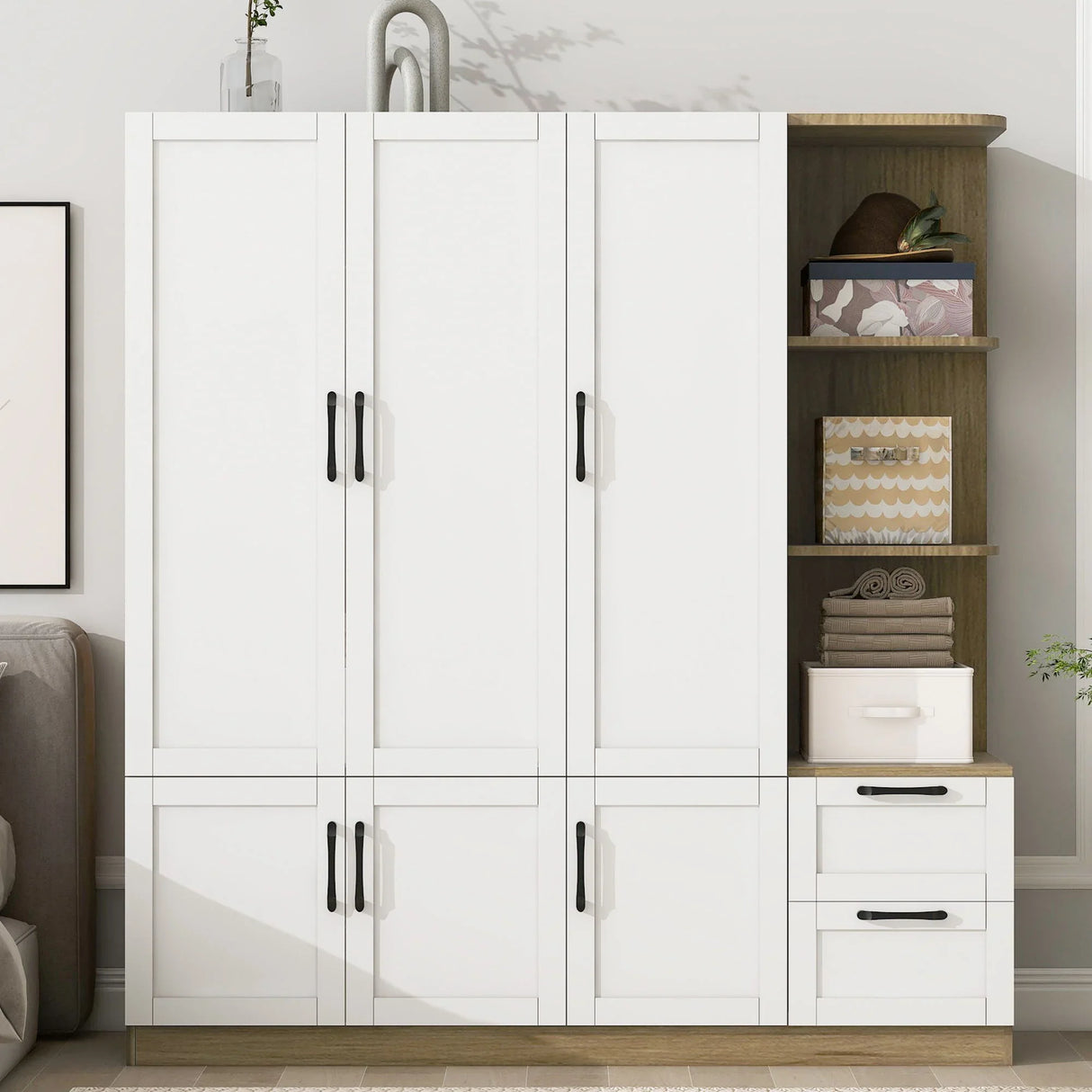 3 Door Storage Wardrobe For Dedroom With Shelves And 2 Drawers, Side Storage Shelves - Furniture Home Direct