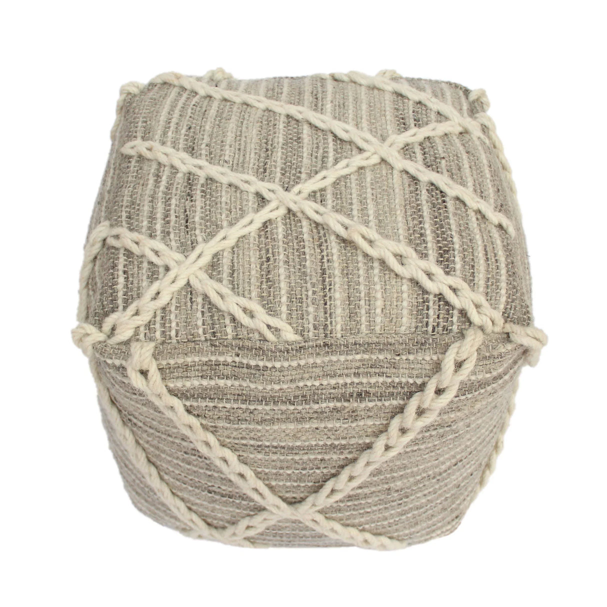 Modern Wool Rope Square Pouf Ottoman Floor Cushion - Gray / Ivory - Furniture Home Direct