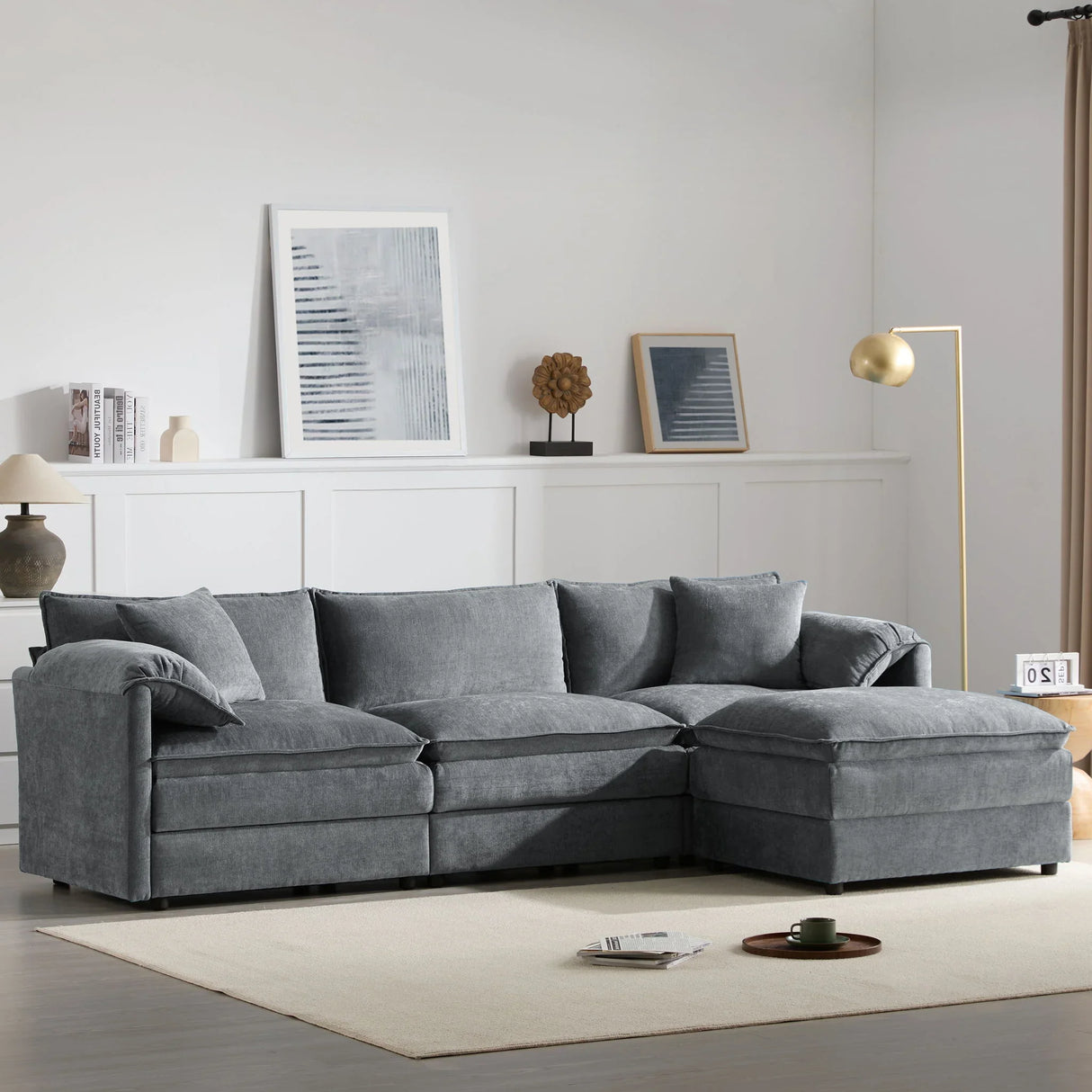 Modular Sectional With Deep And Wide Seat, Cloud Couch Set With Double Cushions Sofa With Movable Ottoman - Furniture Home Direct