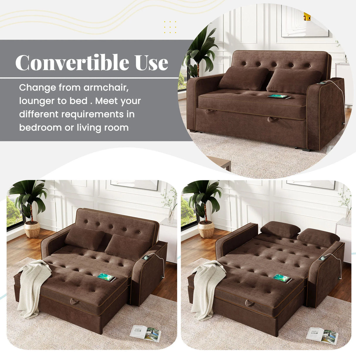 66.5" Upholstered Loveseat With Pull Out Bed, Two Throw Pillows, Dual USB Charging Port and Adjustable Backrest - Brown - Furniture Home Direct