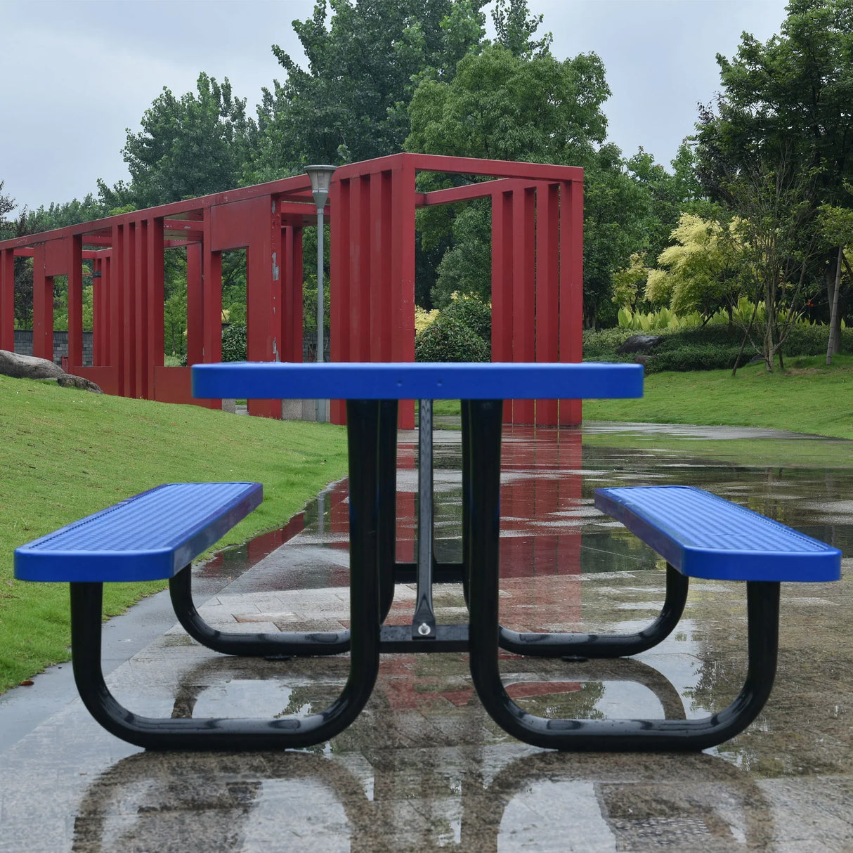 Square Outdoor Steel Picnic Table, With Umbrella Pole - Furniture Home Direct