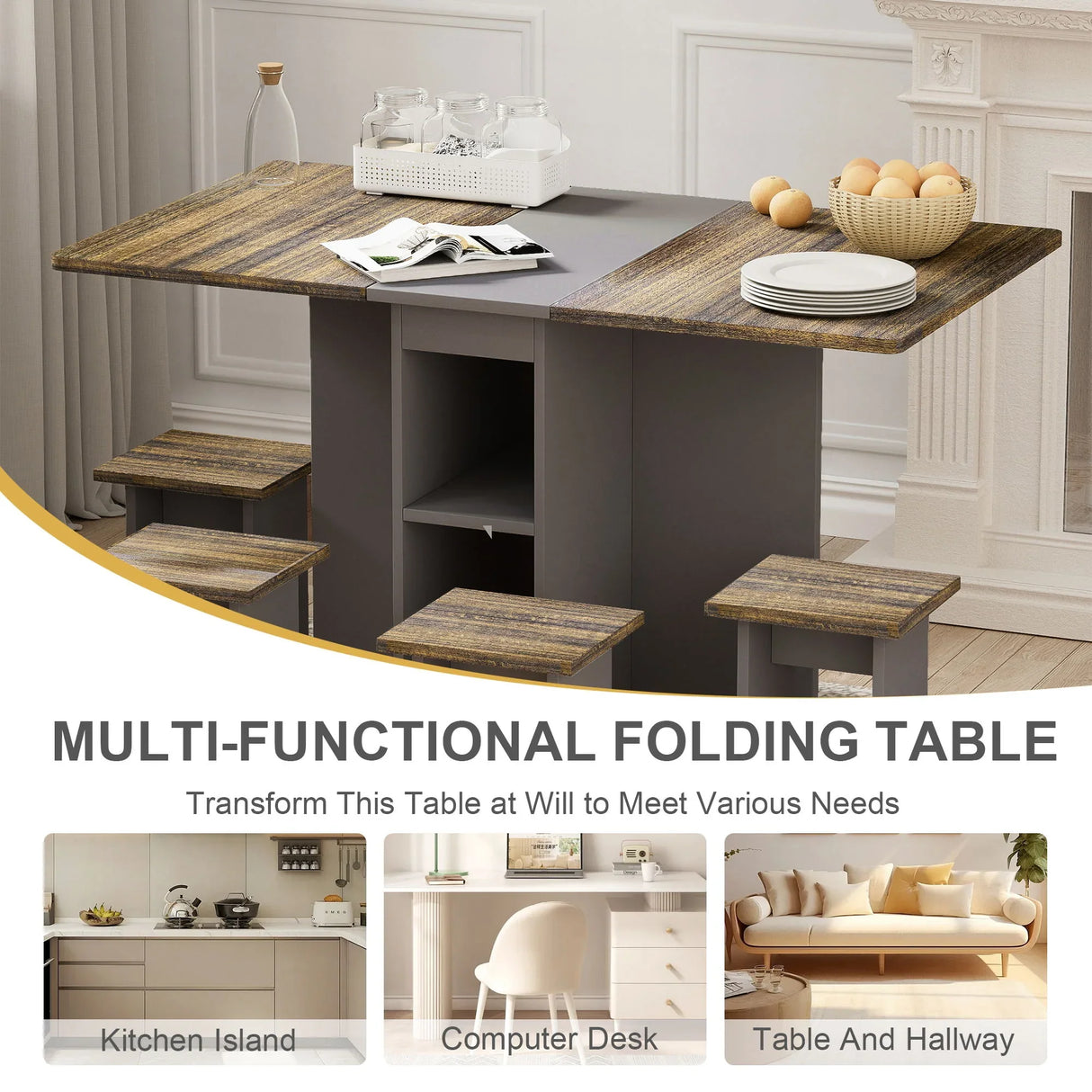 Contemporary 5 Piece Folding Extendable Dining Table Set With Chairs For 4 - Brown - Furniture Home Direct