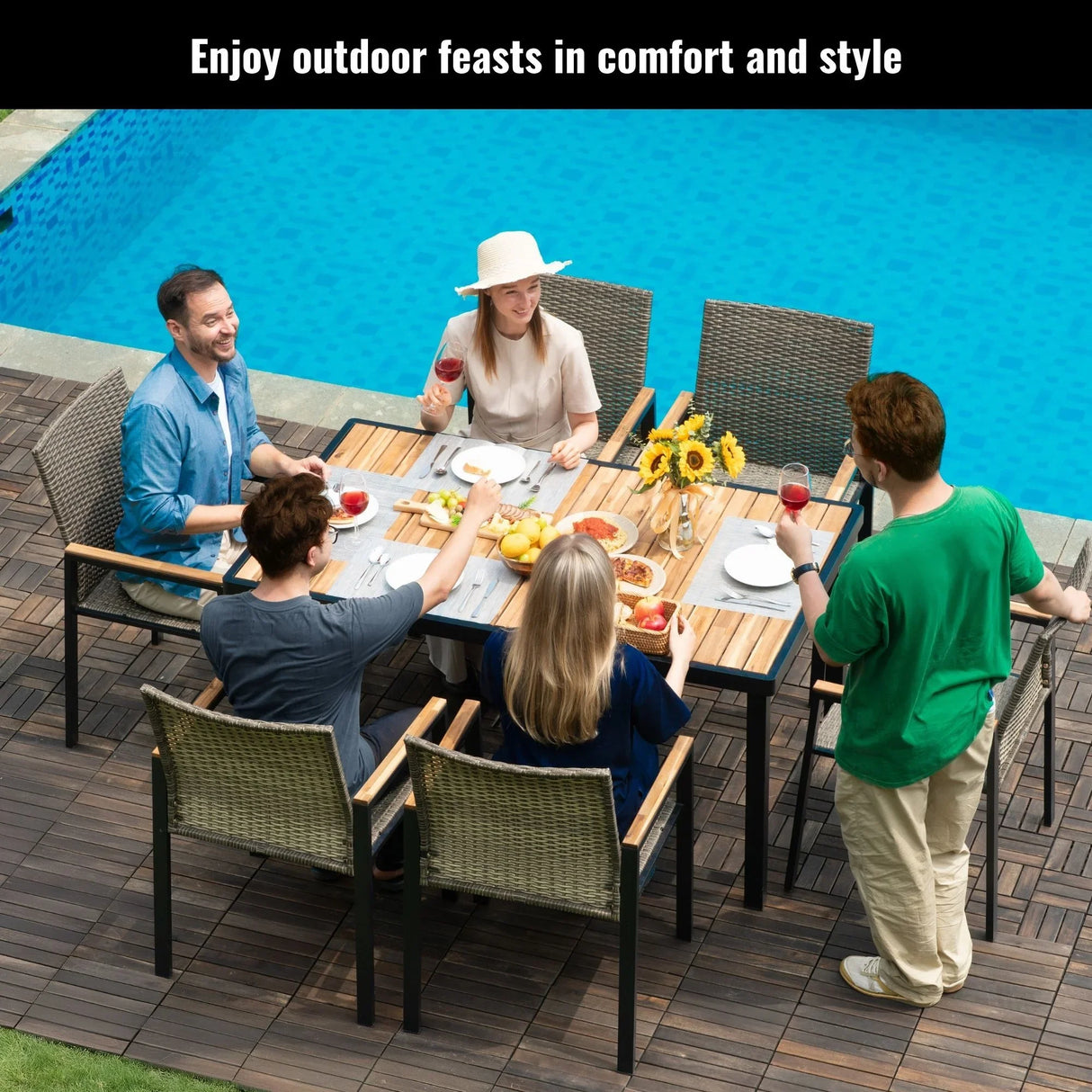 All Weather 7 Piece Patio Dining Table Set With Umbrella Hole - Brown / Gray - Furniture Home Direct
