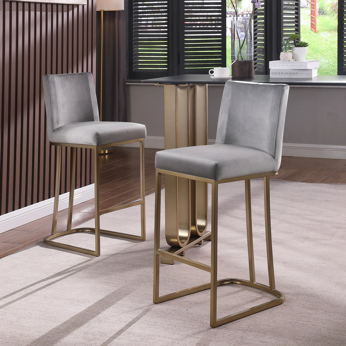 Counter Height Stool With Back Velvet Gold Frame Gray - Furniture Home Direct