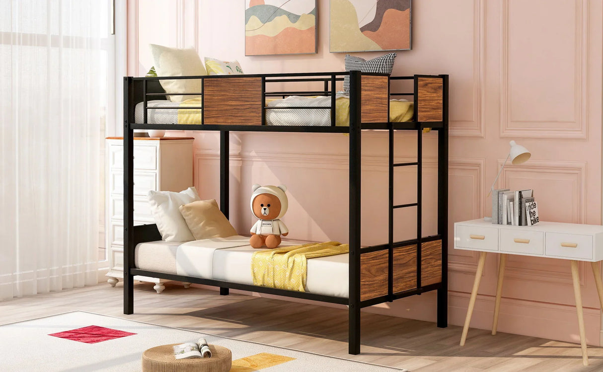 Twin Over Twin Bunk Bunk Bed With Safety Rail, Built In Ladder For Bedroom - Brown - Furniture Home Direct
