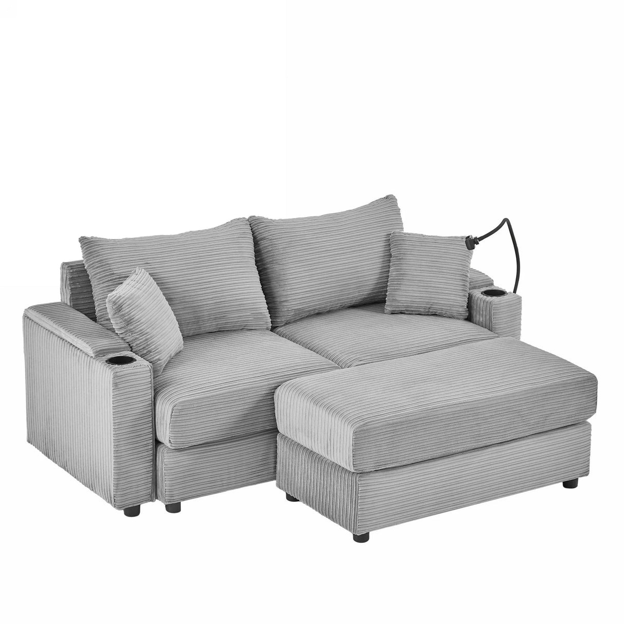 Modern Style Loveseat With Storage, Ottoman, Two USB Ports, Two Cup Holders and Phone Holder - Gray - Furniture Home Direct