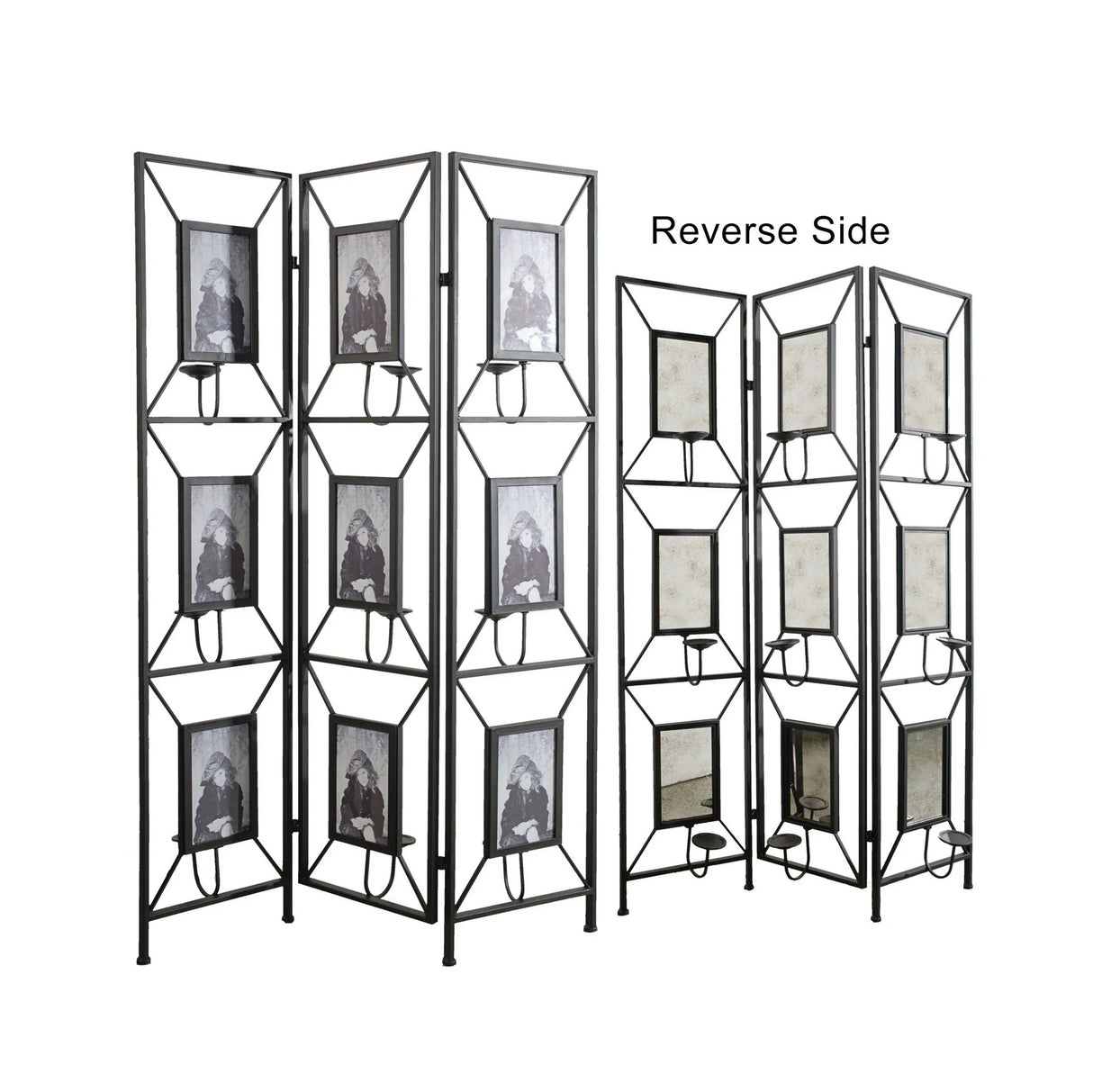 Room Photo Frames Screen Divider Screens, 3 Panel Decorative Screen With Photo Frames, Antique Mirror, Candle Stick - Black - Furniture Home Direct