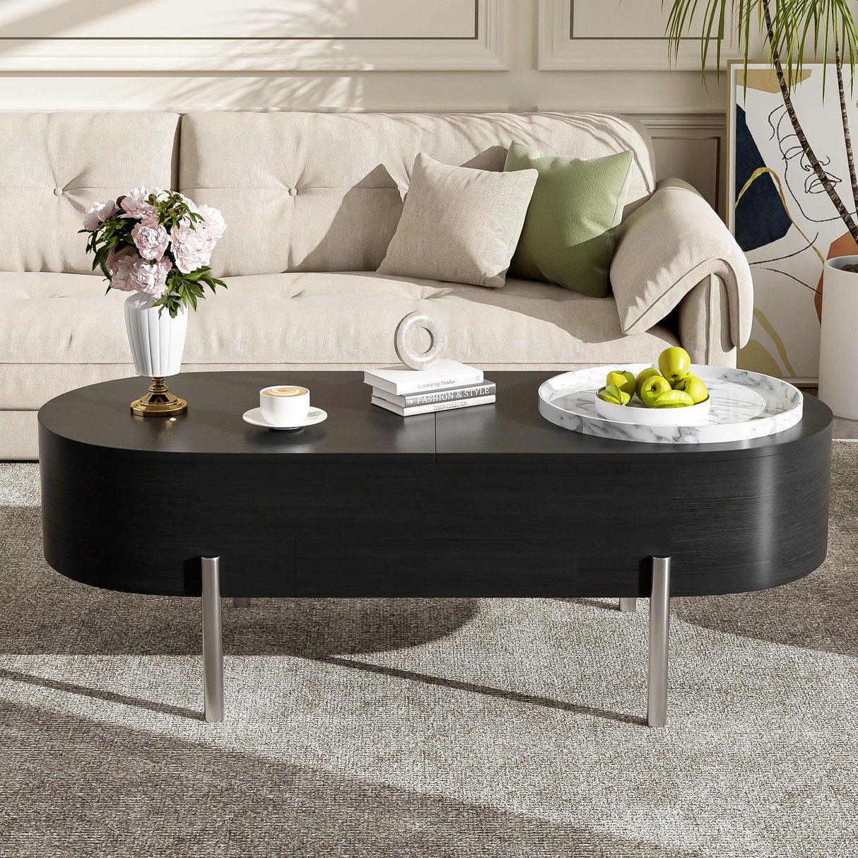 Lift Top Coffee Table With 360 Degree Marble Patterned Rotating Tray - Furniture Home Direct
