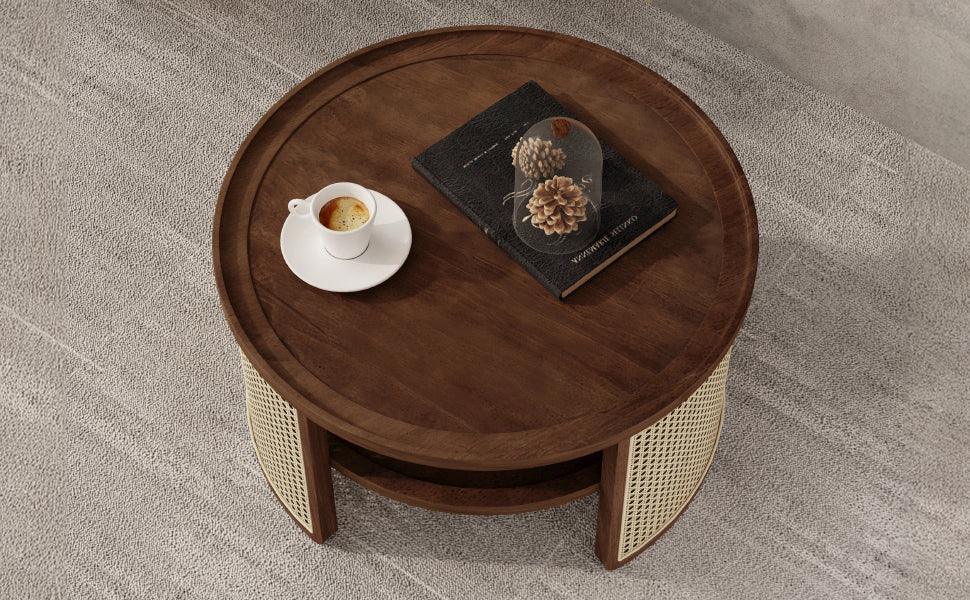 2-Tiered Round Walnut Wood Coffee Table - Furniture Home Direct