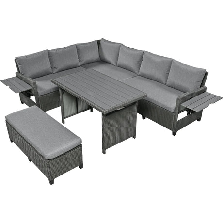 Outdoor Sectional With Side Tables, Tables and Sitting Ottoman- Gray - Furniture Home Direct