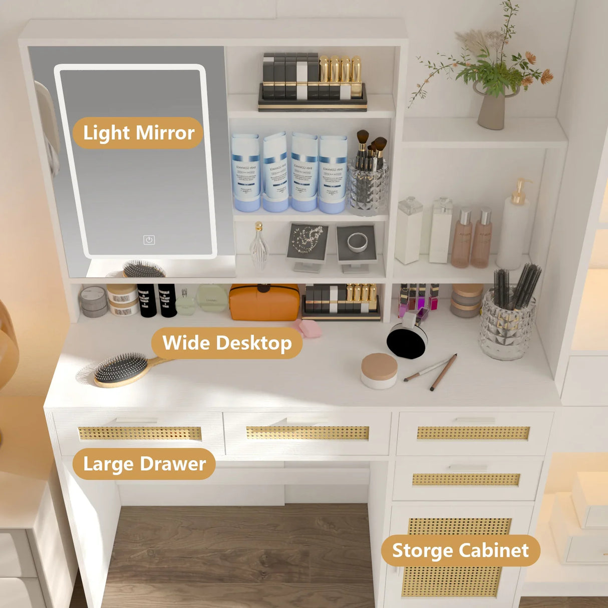 Vanity Desk With Lights and Ample Storage Drawers White - Furniture Home Direct