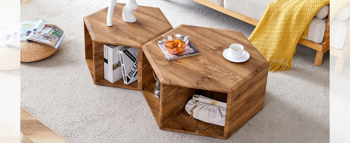 Coffee Table Set Hexagonal Wood Open Shelves Modern Wood - Furniture Home Direct
