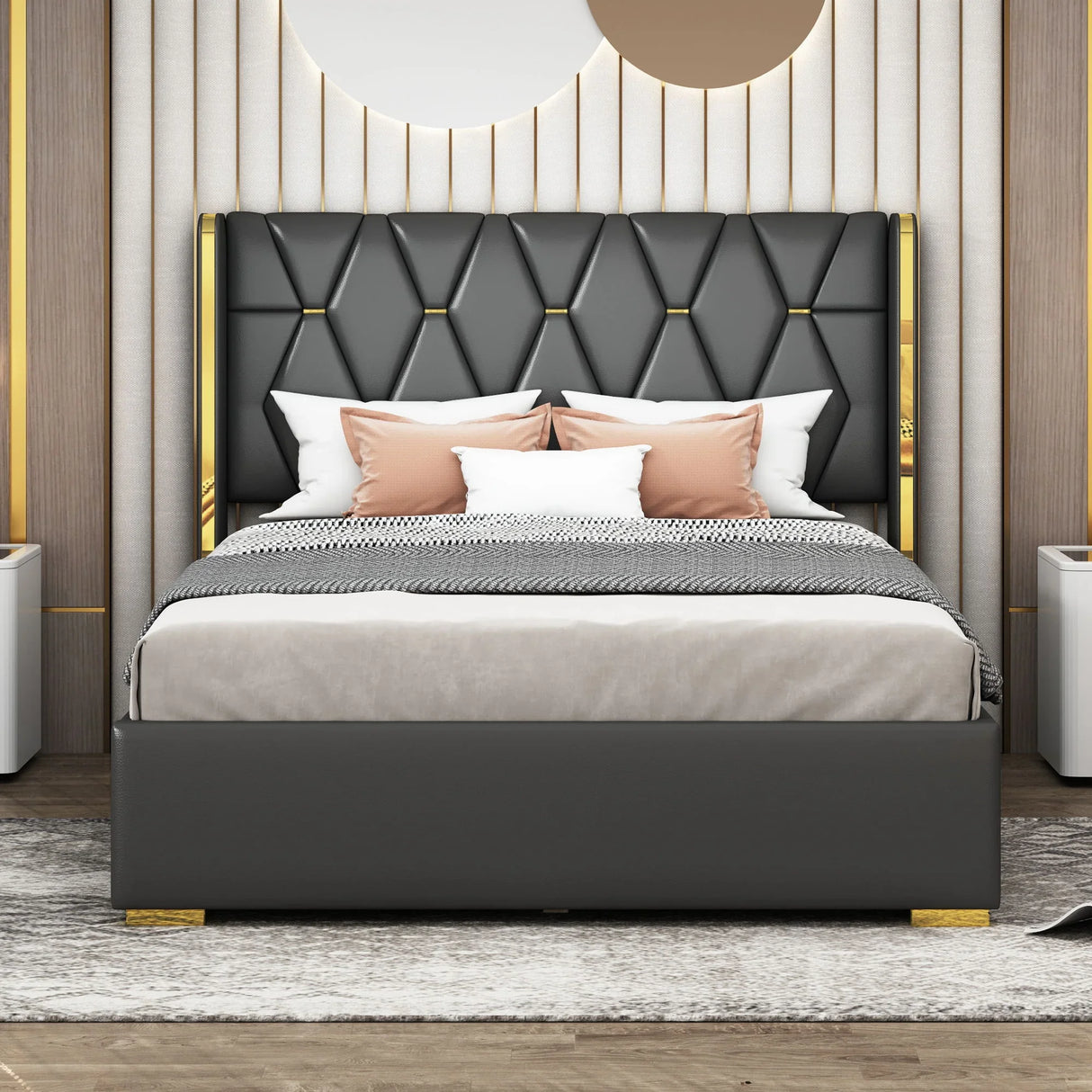 Upholstered Platform Bed With Strips - Black - Furniture Home Direct