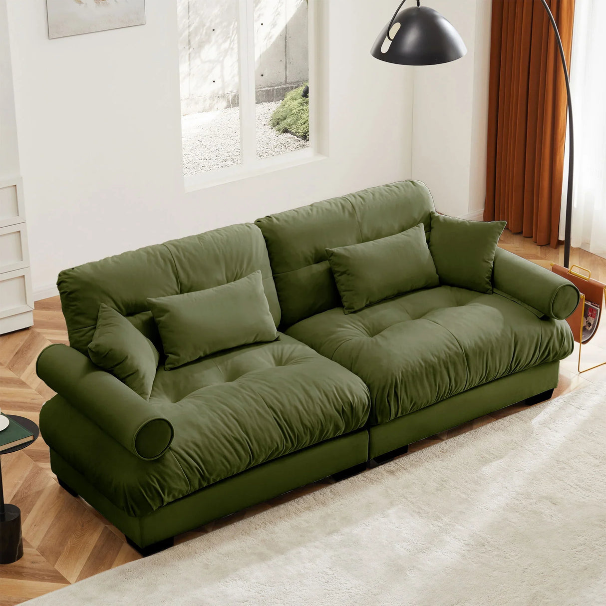 Modern Velvet Sofa With Bolstered Armrests And Pillows - Furniture Home Direct