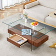 Coffee Table Two Tier Glass Top With Drawer Dark Walnut - Furniture Home Direct