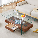 Coffee Table Two Tier Glass Top With Drawer Dark Walnut - Furniture Home Direct