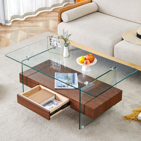 Coffee Table Two Tier Glass Top With Drawer Dark Walnut - Furniture Home Direct