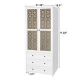 Hollow Pattern 2 Door 3 Drawer Wardrobe, The Collision Of Wood Color, Suitable For Bedrooms And Dressing Rooms - White - Furniture Home Direct