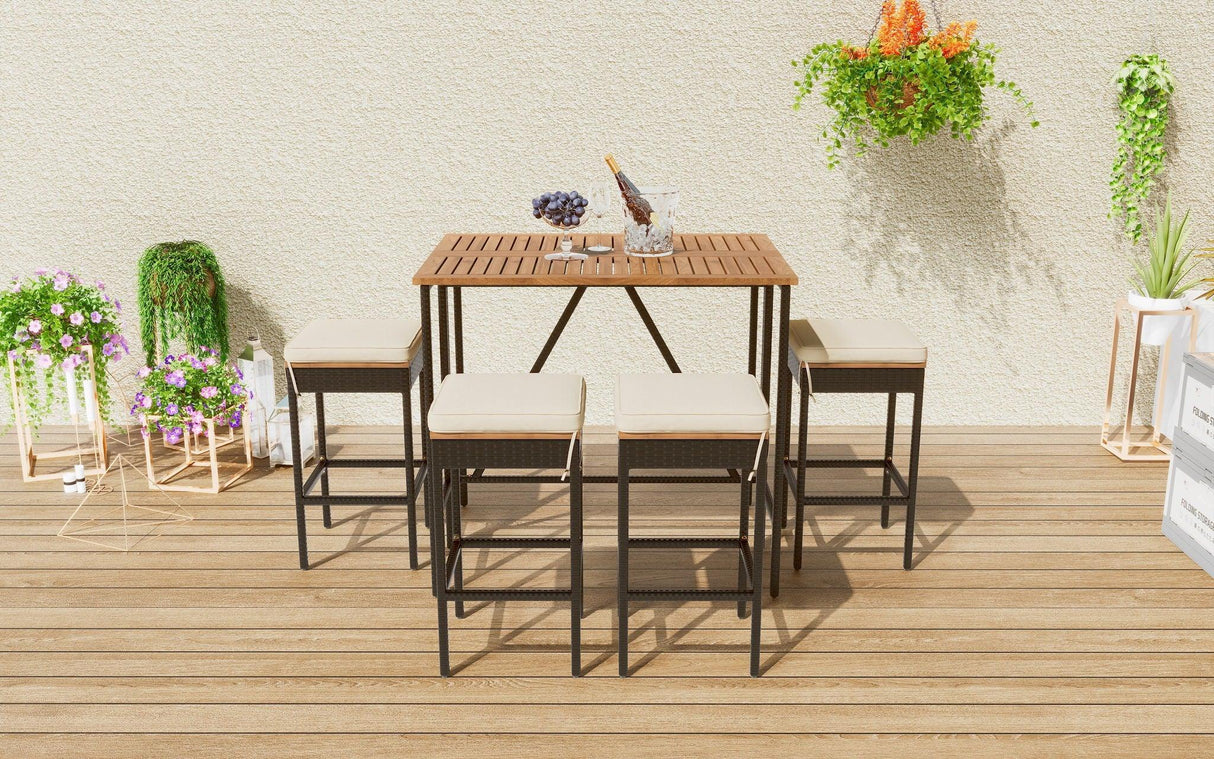 Outdoor Acacia Wood Bar Height Table And Eight Stools With Cushions - Furniture Home Direct