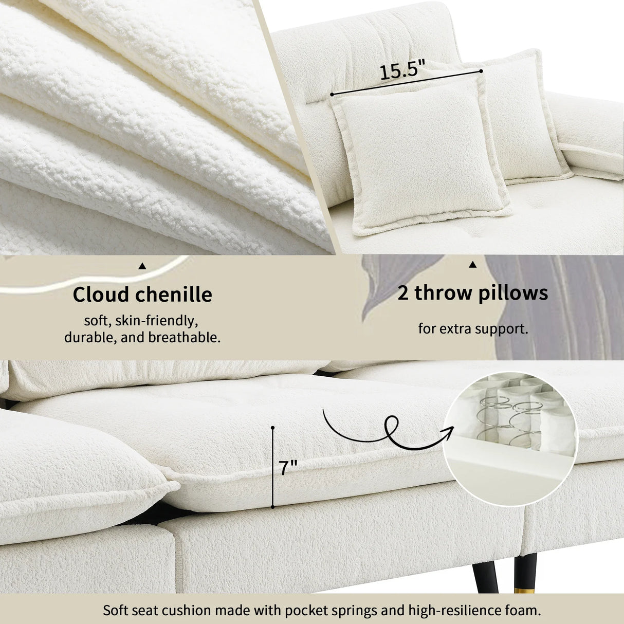 L Shaped Sofa Cloud Chenille Fabric Removable Ottoman White - Furniture Home Direct