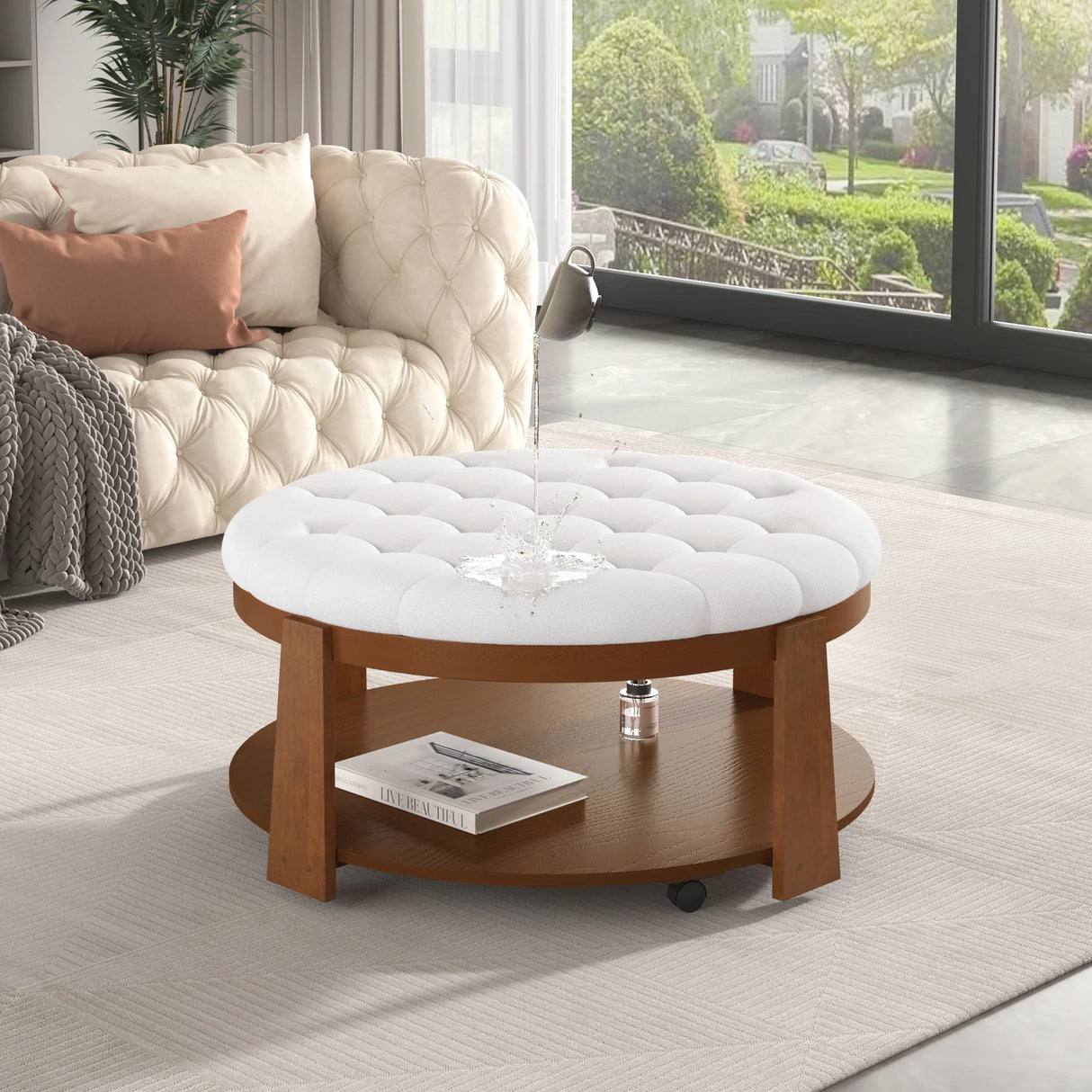 Round Ottoman Coffee Table with Upholstered Top Ivory White - Furniture Home Direct