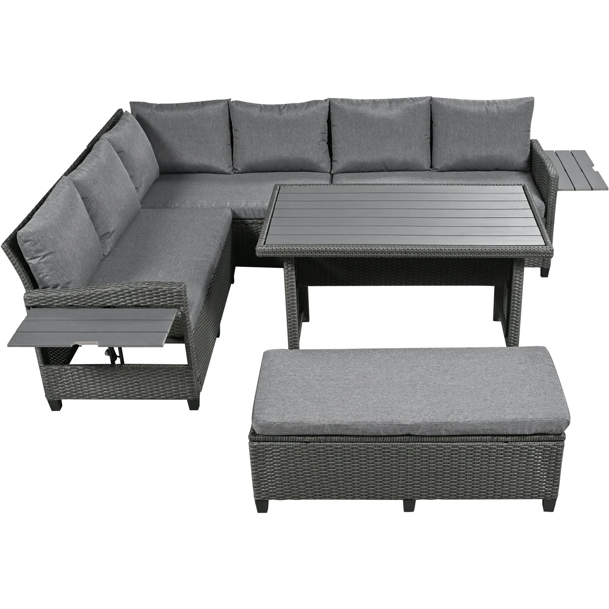 Outdoor Sectional With Side Tables, Tables and Sitting Ottoman- Gray - Furniture Home Direct