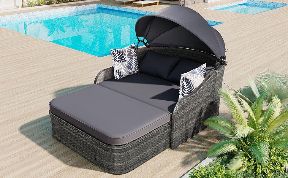 Outdoor Sunbed With Adjustable Canopy, Daybed With Pillows, Double Lounge, PE Rattan Daybed - Furniture Home Direct