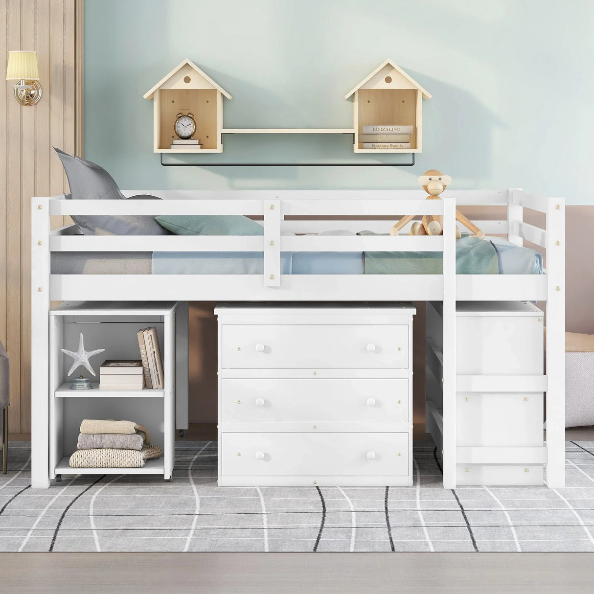 Loft Low Study Bed With Cabinet, Shelves And Rolling Portable Desk, Multiple Functions - Furniture Home Direct