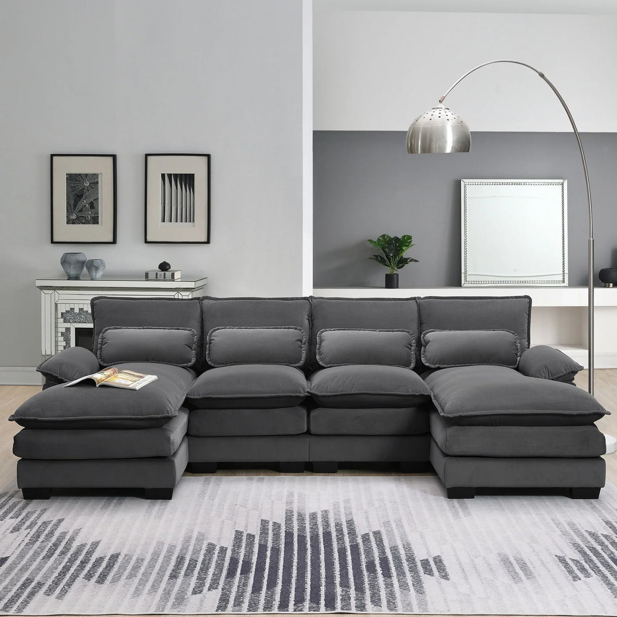 Modern U-Shaped Sectional Sofa With Waist Pillows, 6 Seat Upholstered Symmetrical Sofa Furniture, Sleeper Sofa Couch With Chaise Lounge For Living Room - Furniture Home Direct