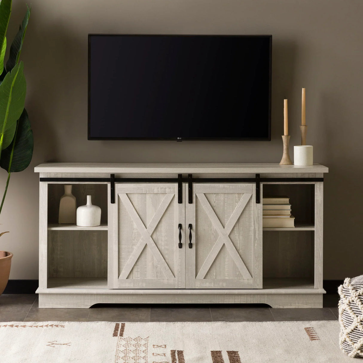 Farmhouse Sliding X Barn Door TV Stand - Furniture Home Direct