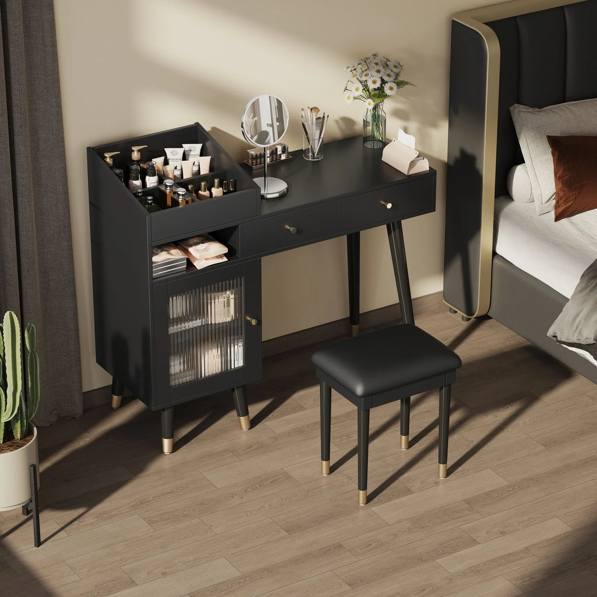 Modern Makeup Vanity Desk With Drawers Cabinet & Charging Port Engineered Wood Space Saving Design For Small Places - Black - Furniture Home Direct