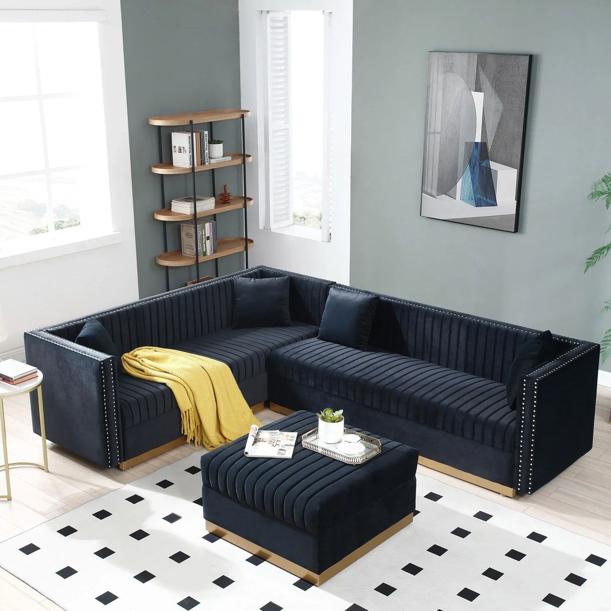 Contemporary Vertical Channel Tufted Velvet Sectional Sofa For Living Room Apartment With Ottoman And 4 Pillows - Furniture Home Direct