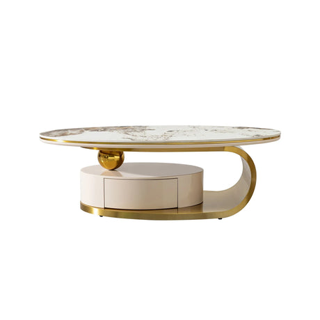 Modern Coffee Table Thick Sintered Stone Top With 2 Drawers Matt Stainless Steel Base - Gold - Furniture Home Direct